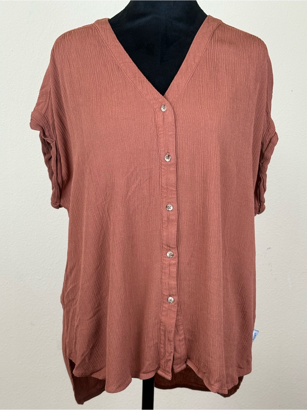 Orvis Crinkle Gauze Top Womens L Rust Orange Button Front Boho
